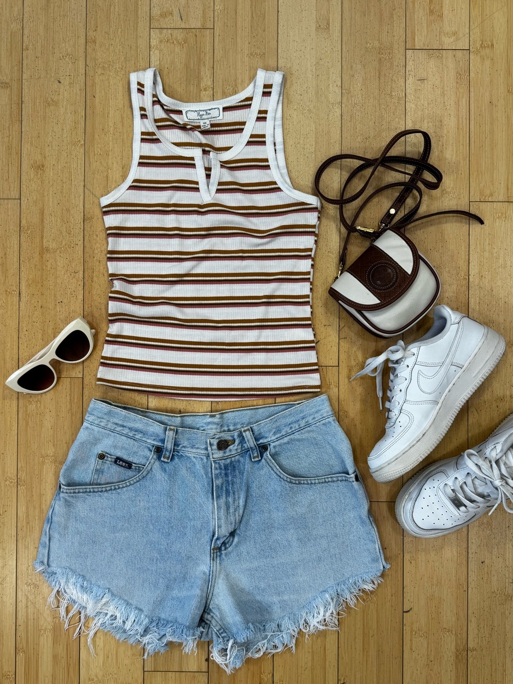 Hippie Rose Cream Tank Top with Brown & Rust Stripes size XS